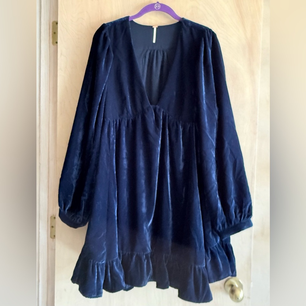 Free People Estella Velvet Babydoll Mini Dress Blue Ruffle Hem Long Sleeve Sz M
